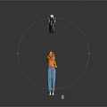 3D Character in Orange Hoodie on Black Platform with Yellow Gray Stripes and Floating Object