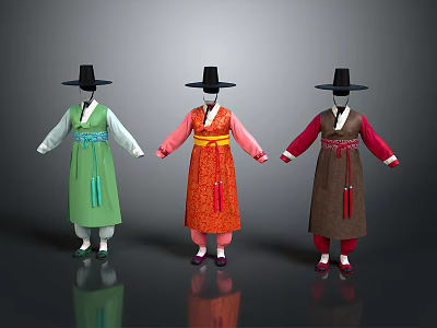 Three Colorful Traditional Hanbok Dresses With Black Hats And Decorative Belts 3d model