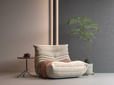 Gray Bean Bag Chair With Small Round Table Fruit And Green Plant In Modern Room 3d model