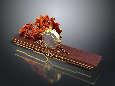 Ornate Decorative Clock With Gear Decorations And Wooden Base Golden Accents 3d model