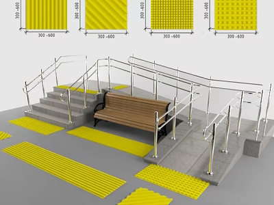Road Facilities Featuring Stairs Handrails Bench and Yellow Anti Slip Tactile Paving 3d model