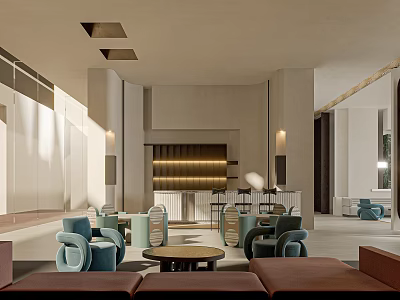 Modern Sales Office Interior With Comfortable Sofas Round Coffee Tables And Bar Counter 3d model