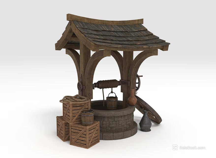 Traditional Well with Wooden Buckets and Crates as Daily Living Supplies 3d model 