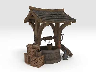 Traditional Well with Wooden Buckets and Crates as Daily Living Supplies 3d model