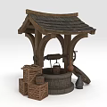 Traditional Well with Wooden Buckets and Crates as Daily Living Supplies
