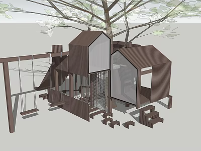 Wooden Treehouse Play Structure With Slide Swing And Children's Play Area 3d model