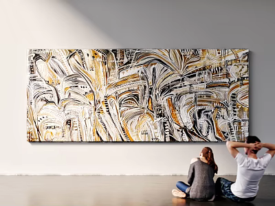 Modern Abstract Painting Featuring Golden Black White Swirls On Wall Two People Viewing 3d model