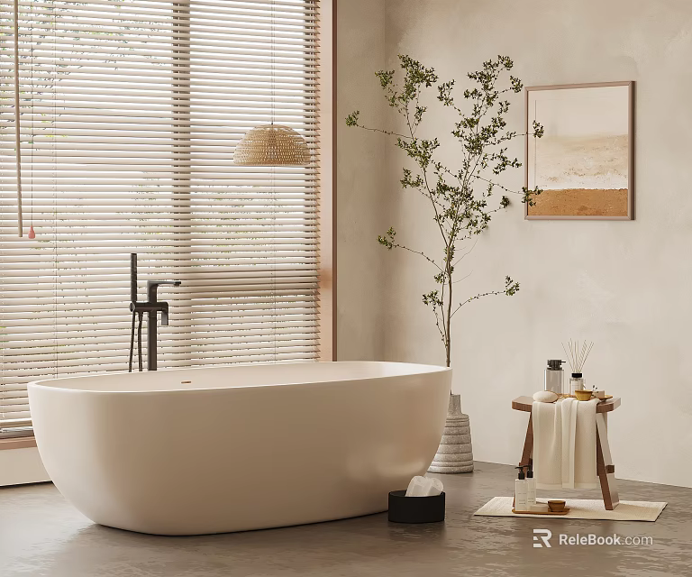 Freestanding White Bathtub In Minimalist Bathroom With Natural Light Green Plant And Wall Art 3d model 