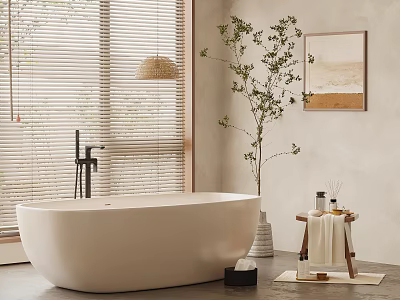 Freestanding White Bathtub In Minimalist Bathroom With Natural Light Green Plant And Wall Art 3d model