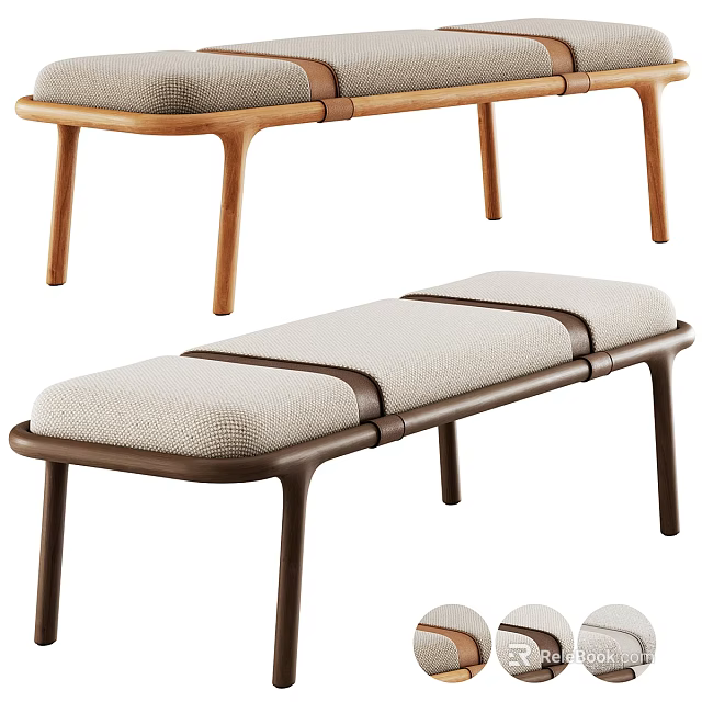 Modern Upholstered Bench With Wooden Legs And Linen Fabric Seat Cushion 3d model 