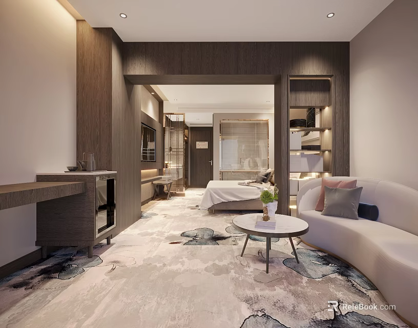 Modern Hotel Guest Room Interior Design With Sofa Coffee Table Carpet And Bed 3d model 