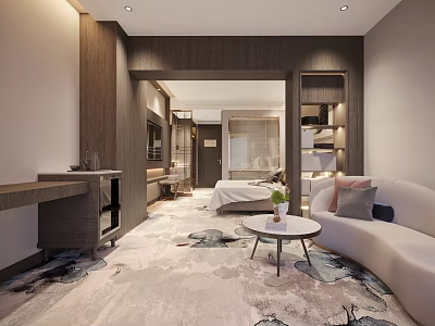 Modern Hotel Guest Room Interior Design With Sofa Coffee Table Carpet And Bed 3d model