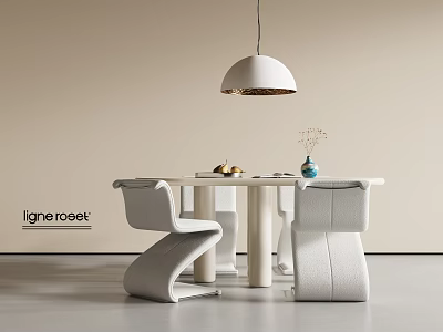 Modern Minimalist White Round Dining Table and Chairs Set with Pendant Light and Fruit Vase 3d model