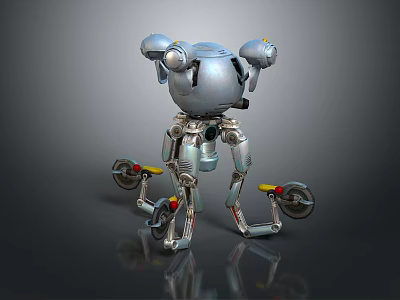 Futuristic Silver Robot Game Movie Character With Spherical Head Mechanical Legs And Wheel Structures 3d model