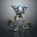 Futuristic Silver Robot Game Movie Character With Spherical Head Mechanical Legs And Wheel Structures