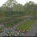 Rural Vegetable Garden Landscape With Farmers Working In Organized Green Vegetable Beds And Lush Trees