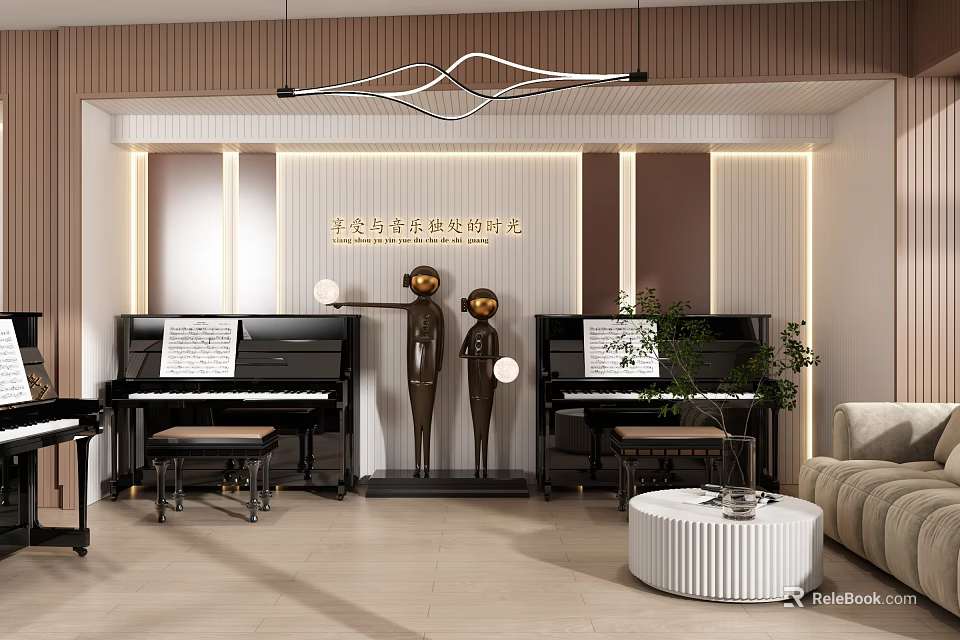 Modern Piano Room Interior with Two Black Pianos Golden Sculptures Wooden Walls and Lighting Decorations 3d model 
