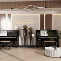 Modern Piano Room Interior with Two Black Pianos Golden Sculptures Wooden Walls and Lighting Decorations