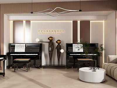 Modern Piano Room Interior with Two Black Pianos Golden Sculptures Wooden Walls and Lighting Decorations 3d model