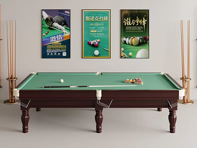 Professional Billiard Table with Green Felt Surface Cue Sticks and Wall Posters 3d model