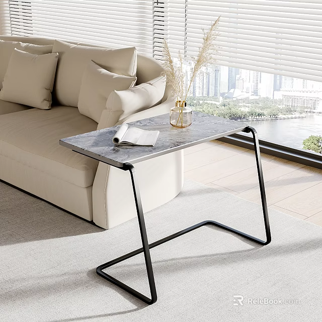 Modern Side Table Design With Marble Top Metal Frame Sofa Vase Magazine And City View 3d model 