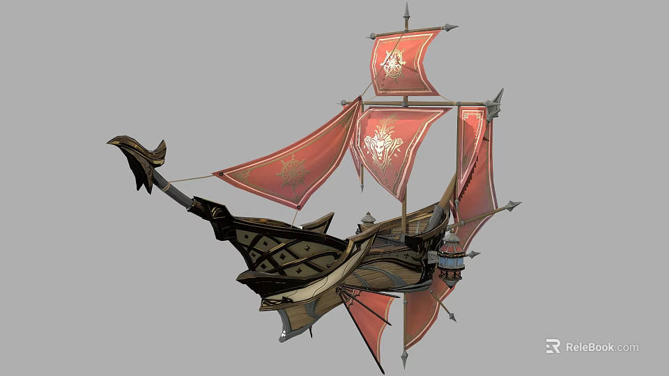 Ornate Decorative Ship With Red Sails Intricate Hull And Gold Patterns 3d model