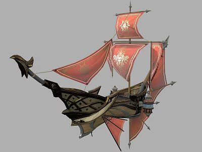 Ornate Decorative Ship With Red Sails Intricate Hull And Gold Patterns 3d model