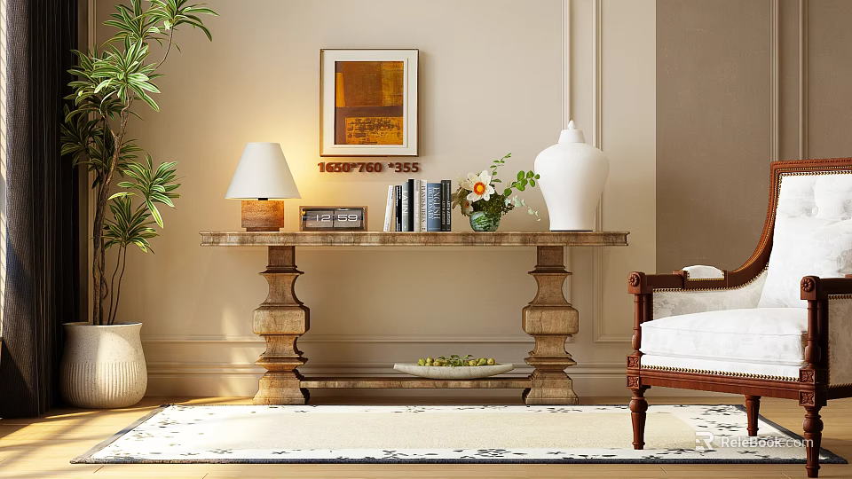 Elegant Console Table In Cozy Interior With Lamp Books Flowers And Artwork 3d model 