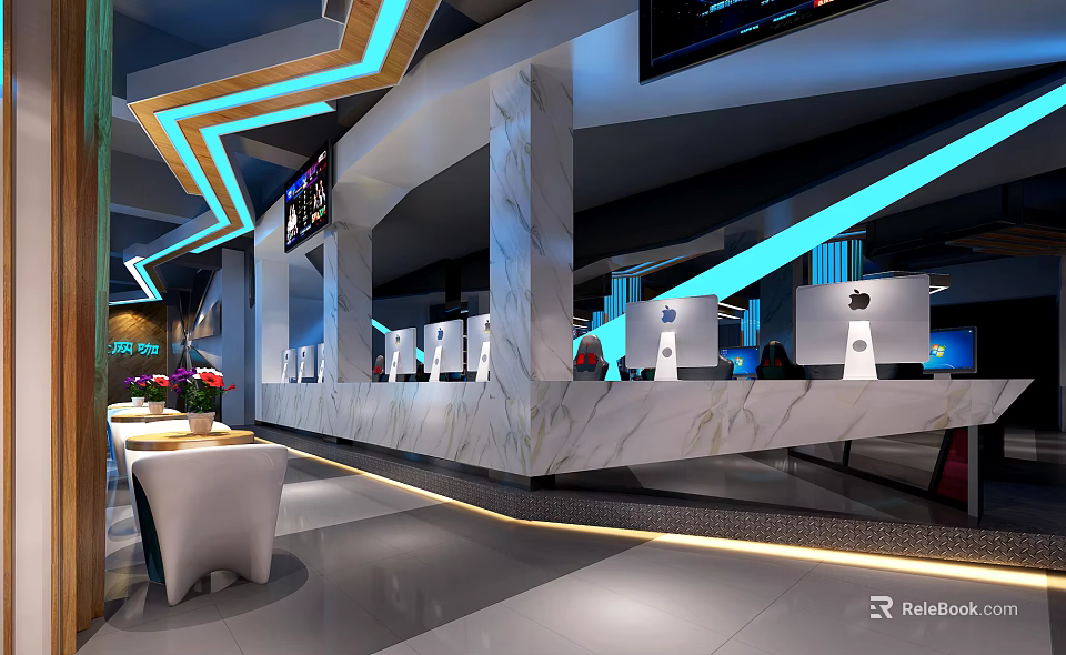 Modern Internet Cafe Interior With Marble Counter Apple Computers And Colorful Lighting 3d model 