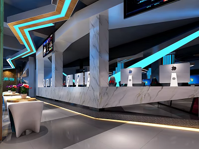 Modern Internet Cafe Interior With Marble Counter Apple Computers And Colorful Lighting 3d model