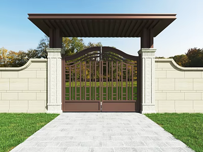 Elegant Iron Entrance Gate With Decorative Design Stone Walls And Canopy Above Stone Pathway 3d model