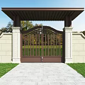 Elegant Iron Entrance Gate With Decorative Design Stone Walls And Canopy Above Stone Pathway