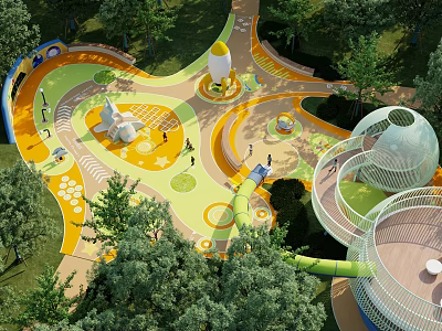 Children's Garden Landscape With Colorful Ground Slides Rocket Shaped Installations And Surrounding Trees 3d model