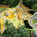 Children's Garden Landscape With Colorful Ground Slides Rocket Shaped Installations And Surrounding Trees