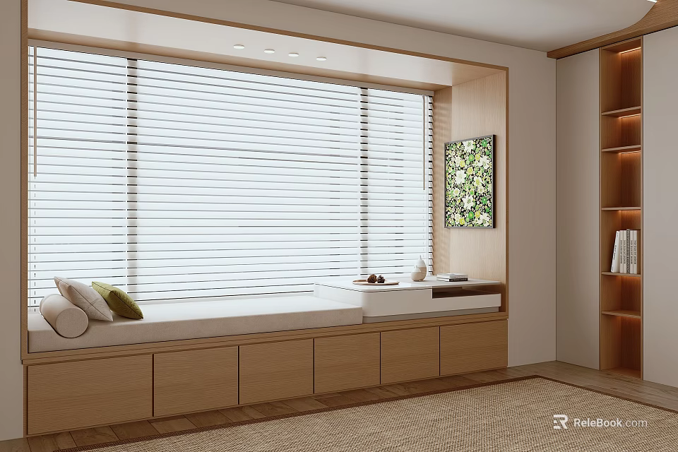 Cozy Wooden Bay Window Interior With Blinds Cushions And Storage Drawers 3d model 