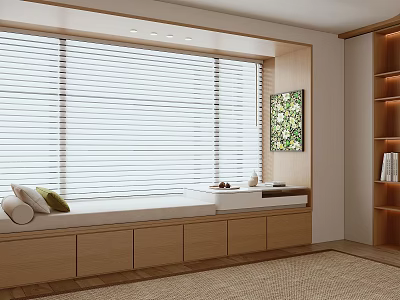 Cozy Wooden Bay Window Interior With Blinds Cushions And Storage Drawers 3d model