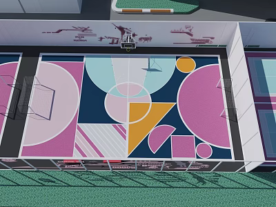 Vibrant Basketball Court Featuring Colorful Geometric Shapes And Modern Floor Design Elements 3d model