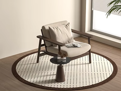 Comfortable Leisure Chair with Wooden Frame Beige Cushion on Round Rug Near Small Side Table 3d model