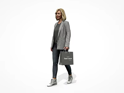 Casual Chic Woman Walking With Shopping Bag In Grey Blazer Black Pants And White Sneakers 3d model