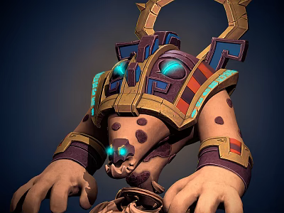 Egyptian Style Mythical Creature Character With Golden Headdress Blue Glowing Eyes And Spotted Body 3d model