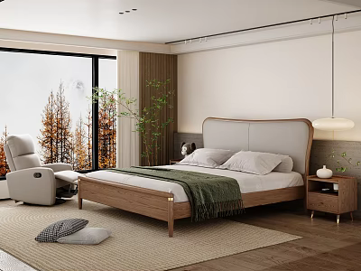 Modern Bedroom Double Bed With Scenic View Accent Chair Nightstand Rug And Pendant Light 3d model