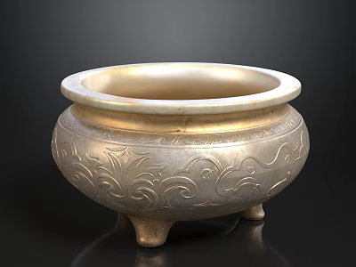 Silver Incense Burner With Intricate Carved Patterns And Three Legs Base 3d model