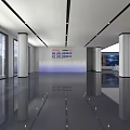 Modern Exhibition Hall Interior With Large Screens Display Counters And LOGO Sign