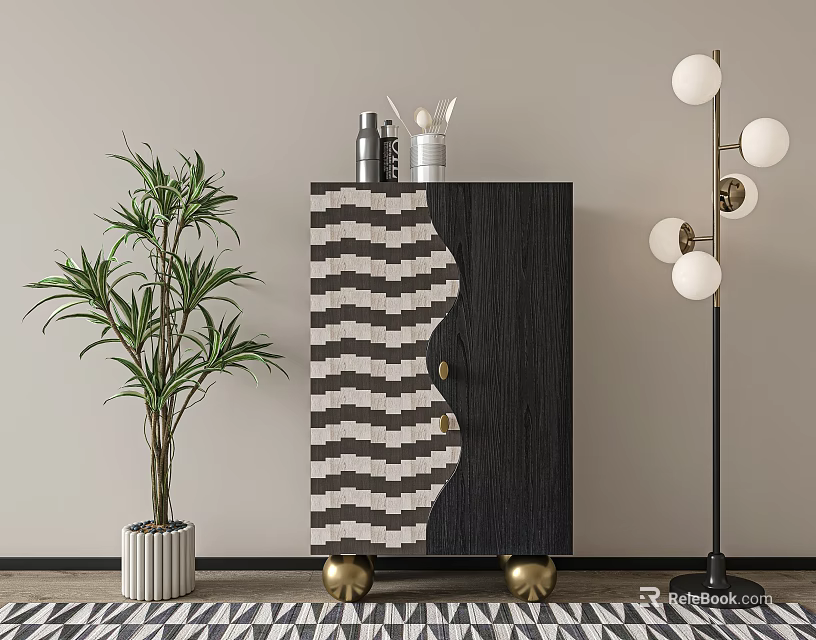 Entryway Side Cabinet With Black White Wavy Pattern Golden Legs Green Plant And Floor Lamp 3d model 