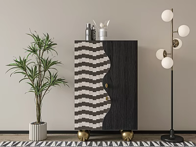 Entryway Side Cabinet With Black White Wavy Pattern Golden Legs Green Plant And Floor Lamp 3d model
