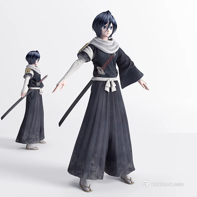 Game and Movie Character with Dark Blue Hair Black Robe White Scarf and Long Sword 3d model