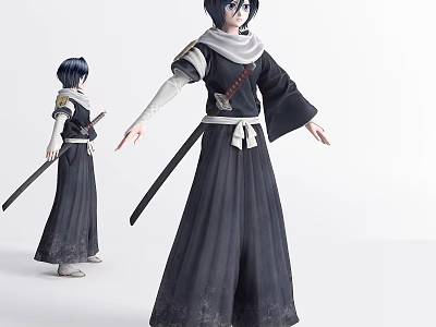 Game and Movie Character with Dark Blue Hair Black Robe White Scarf and Long Sword 3d model