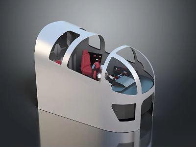 White Flight Cockpit Simulator With Transparent Dome Red Seats And Control Panel 3d model