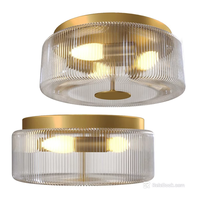 Modern Round Ceiling Light With Transparent Ribbed Glass And Gold Frame For Home Interior 3d model 