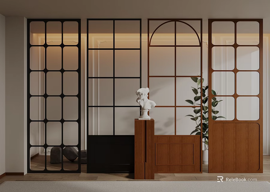 Various Stylish Room Partitions With Grid Arch And Wooden Frame Interior Decor 3d model 